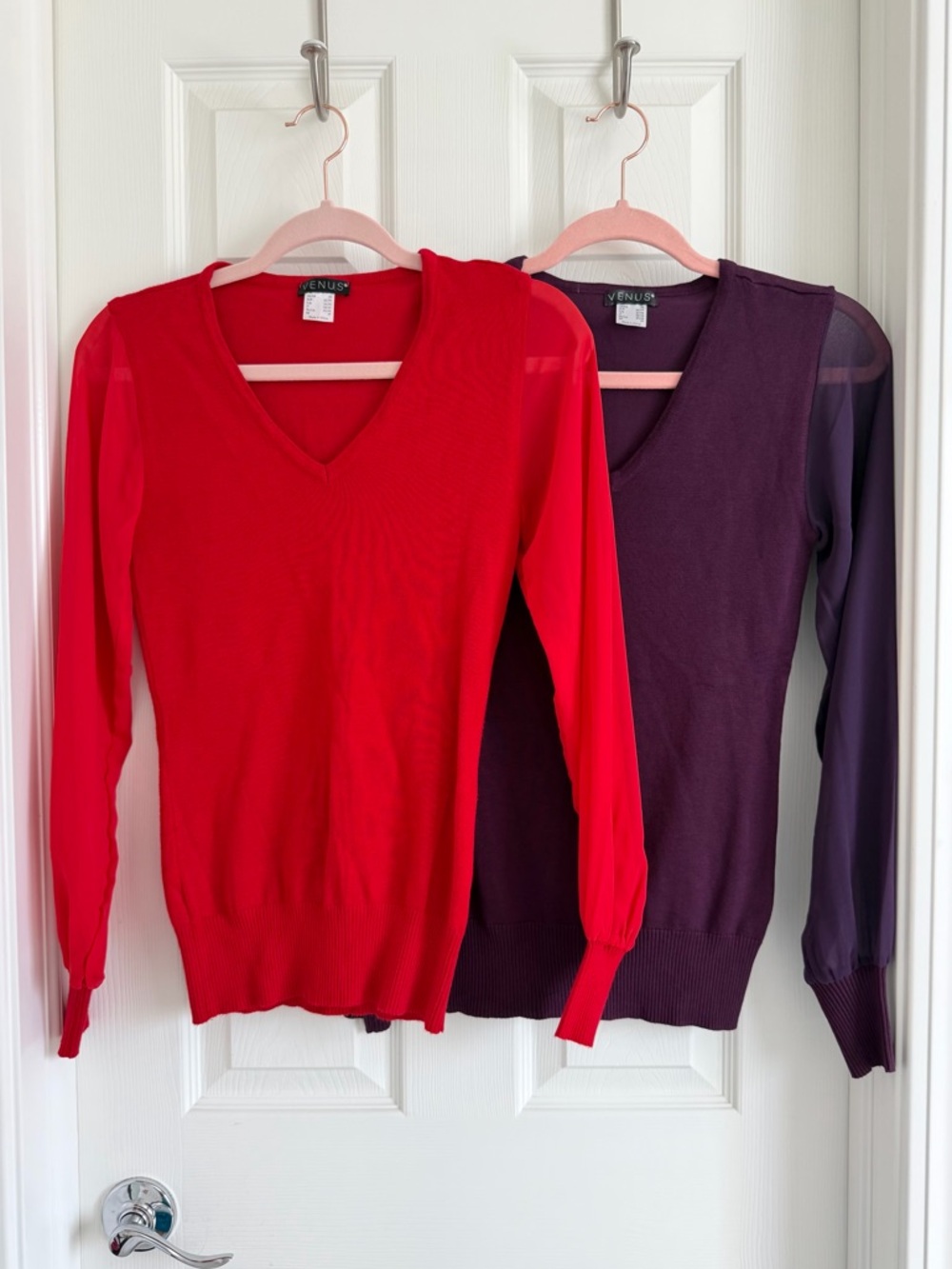 VENUS Bundle | 2 Sheer Sleeve Stretch Knit V-Neck Sweaters | Red & Purple | XS - Picture 14 of 16